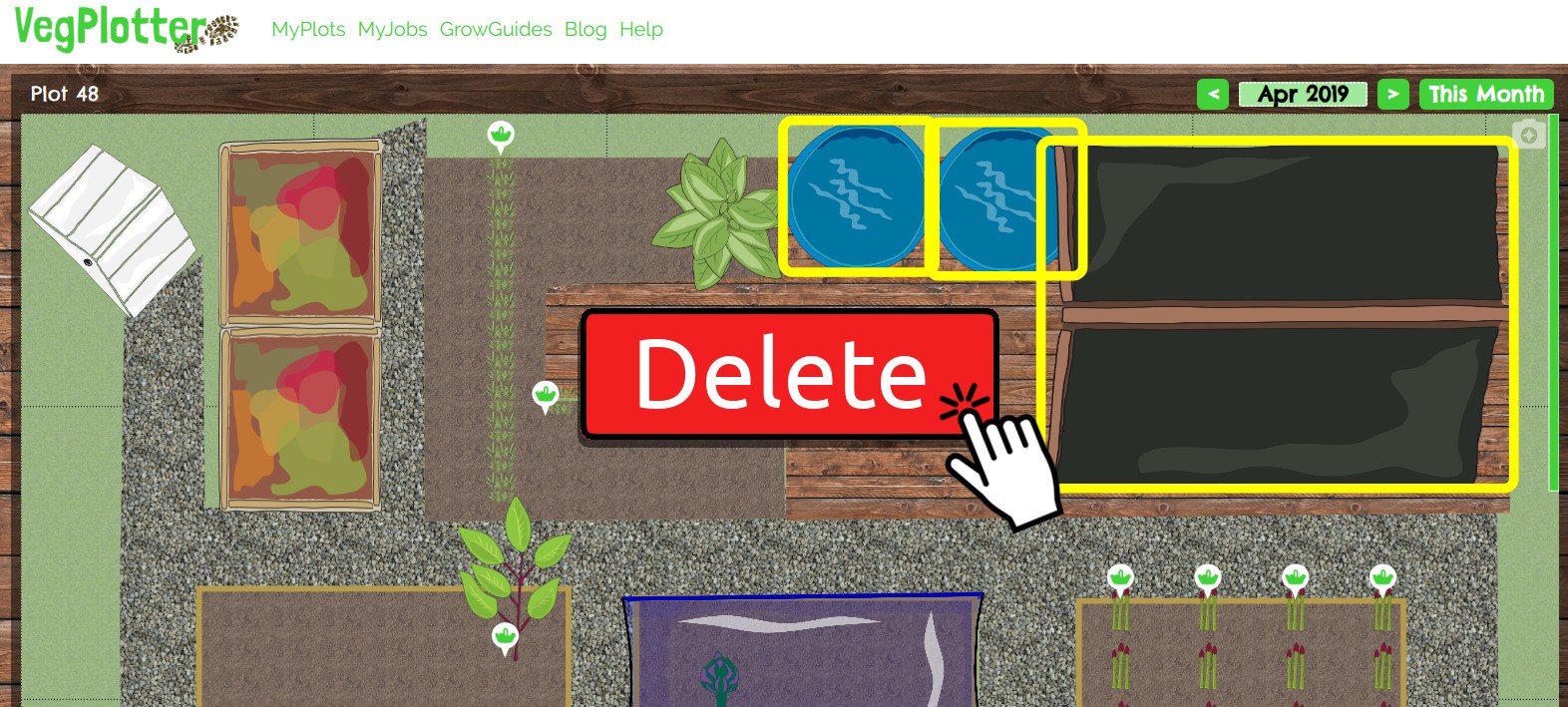 Short guide explaining how to delete items from VegPlotter's free vegetable garden planning software