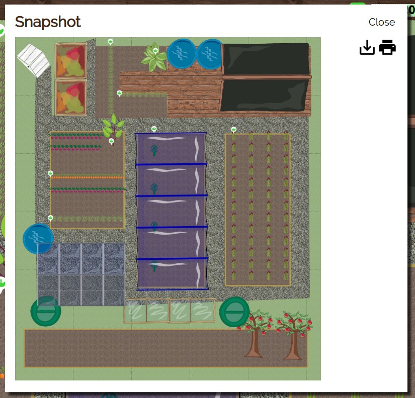 VegPlotter screenshot showing the snapshot window with print button