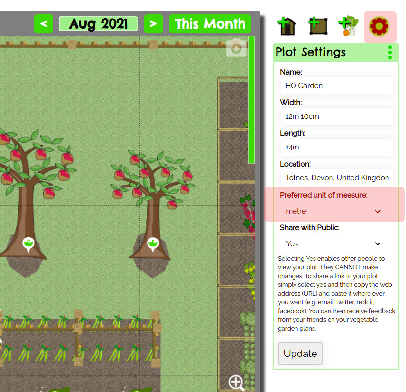 VegPlotter's free garden planner is very fliexible with the units of measure it accepts and can display.