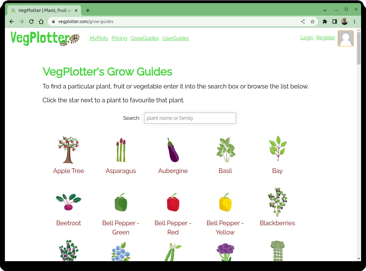 Screenshot of the VegPlotter Grow-guides pages