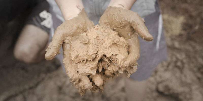 A gardeners hands holding a clump of sticky clay soil or dirt