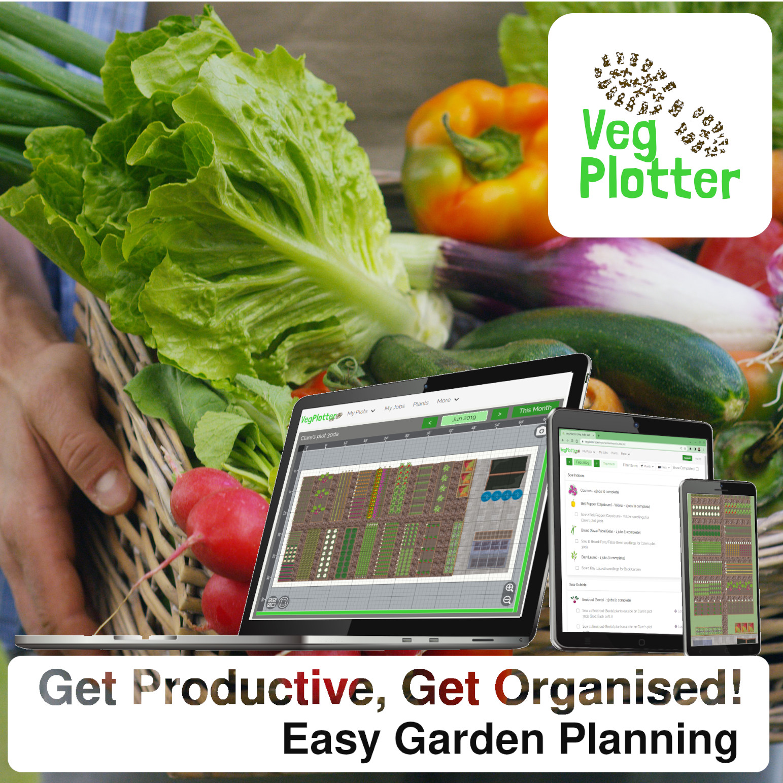 example vegetable garden plans using VegPlotter's garden planner on laptop, tablet and mobile
