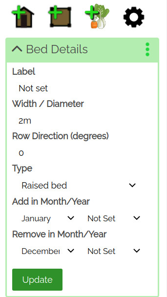 Screenshot of the Bed Details menu showing fields for controlling the shape and size of circular shaped items in VegPlotter