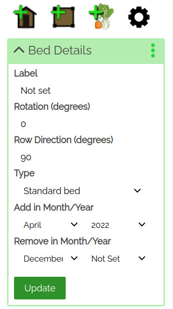 Screenshot of the Bed Details menu showing fields for controlling the shape, size and rotation of irregularly shaped items in VegPlotter