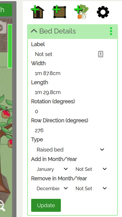 Screenshot of the Bed Details menu showing fields for controlling the shape, size and rotation of rectangular shaped items in VegPlotter