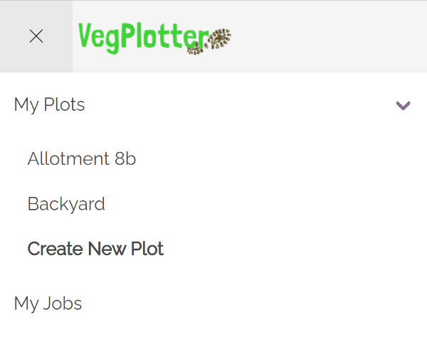 Screencapture showing the VegPlotter main menu for mobile screens with the Create New Plot option highlighted