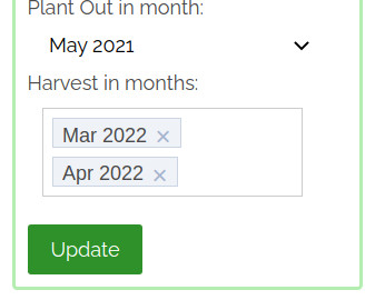 screenshot showing the the annual harvest date fields of the planting details panel