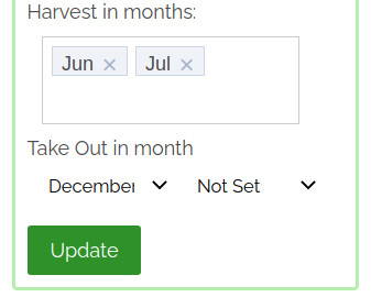 screenshot showing the the perennial harvest date fields of the planting details panel