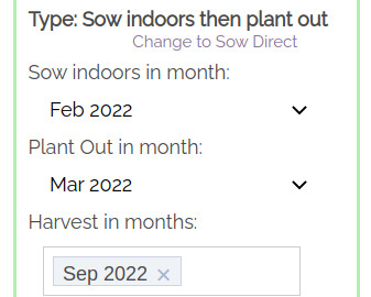 screenshot showing the harvest fields for Plant out type plantings with the Sow Indoors field